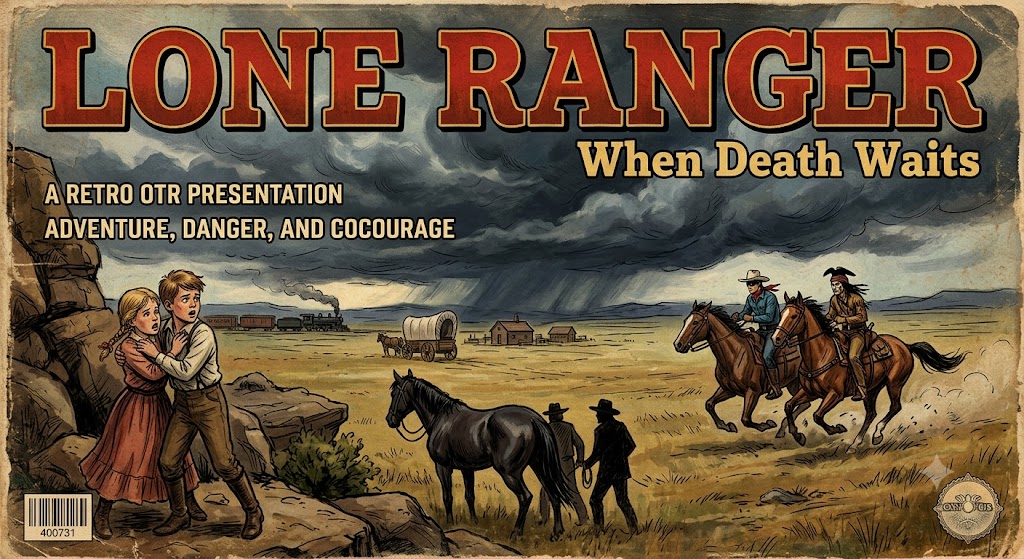 A vintage-style poster for "Lone Ranger: When Death Waits," subtitled "A Retro OTR Presentation." The text promises "Adventure, Danger, and courage”. The scene shows a tense, dramatic Western landscape with stormy skies, a train and covered wagon in the background, and two children hiding behind rocks looking scared. Two horses stand nearby, while two men on horseback—one dressed like a cowboy and the other as a skeleton figure—ride toward the children, adding an eerie, suspenseful tone.