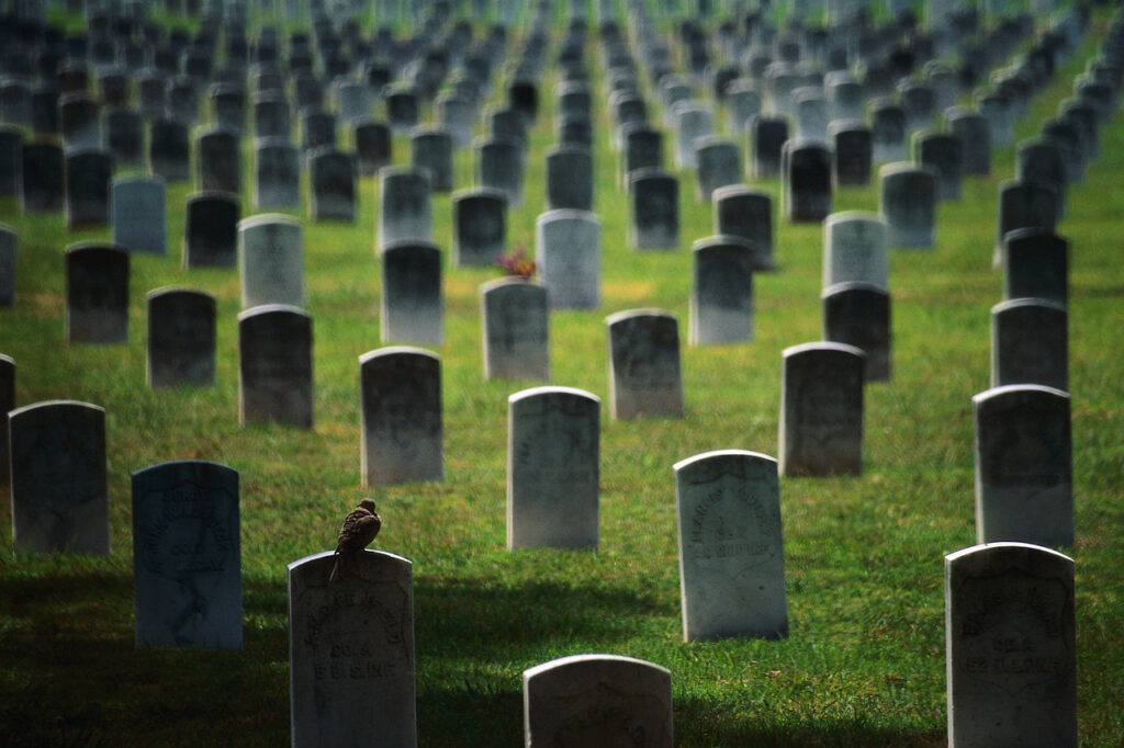 Rows of gravestones and headstones in a military cemetery, surrounded by well-manicured lawns and trees. The gravestones are arranged in neat rows and columns, with some bearing the insignia of different military branches. The sky is overcast and the trees in the background are in the midst of changing colors, indicating autumn.