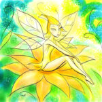 A fairy sitting on a flower blossom, with her wings spread out and a wand in her hand. The flower is vibrant purple and the fairy has a mischievous smile on her face.