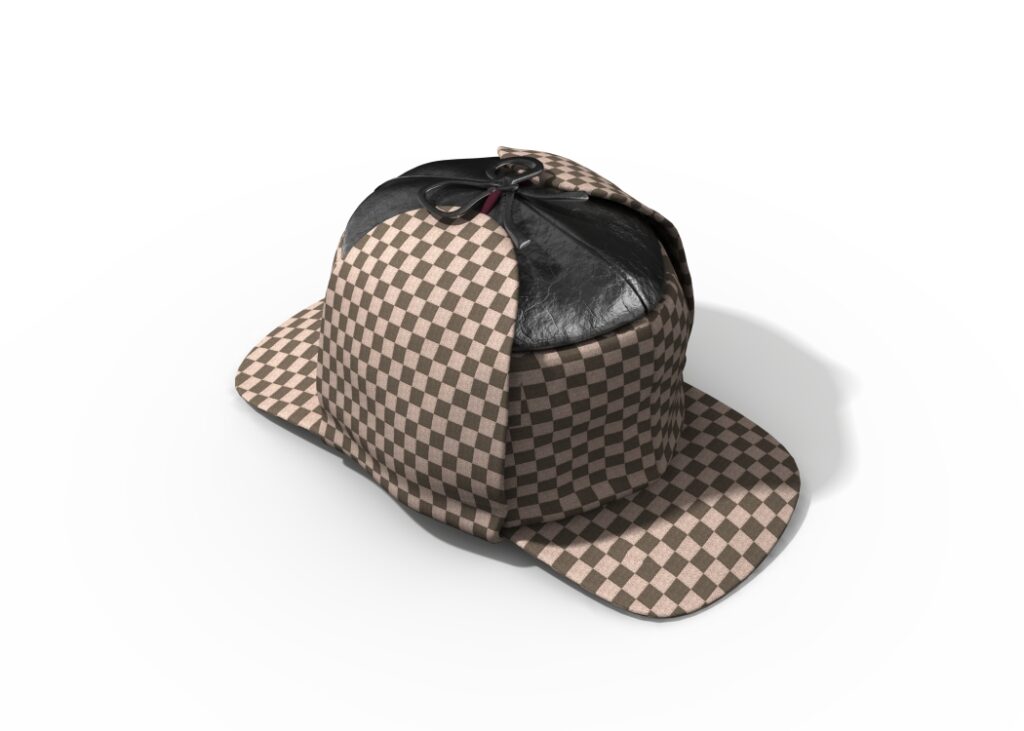 A black and white checkered deerstalker hat with ear flaps and a visor.