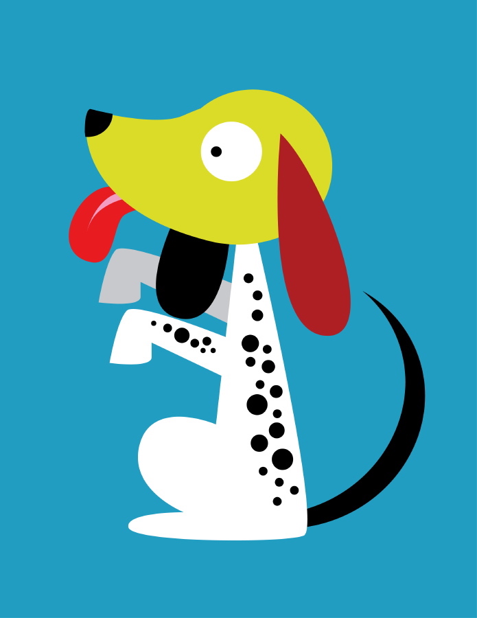 The image is a colorful, minimalist illustration of a dog with a light green head, white body, and black spots. The dog's ears are dark red, its nose is black, and its tongue is red, hanging out to one side. It has large, round white eyes with a black dot in the center. The dog is sitting upright with a lifted paw and a curved black tail. The background is solid blue.
