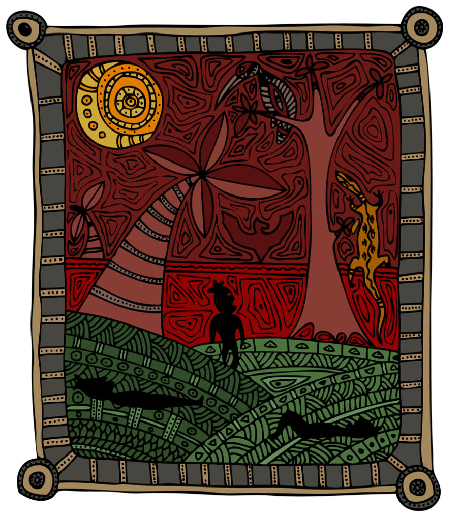 A photograph of an indigenous island culture frame, set against a tropical background. The frame is made of intricately carved wood, with various patterns and symbols etched into its surface. It is propped up against a palm tree, with the ocean and other palm trees visible in the background. The overall effect is one of vibrant island culture and tradition, with the frame serving as a symbol of the region's rich artistic heritage.