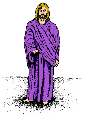 Depiction of Jesus Christ in a purple robe, reaching out with one hand.