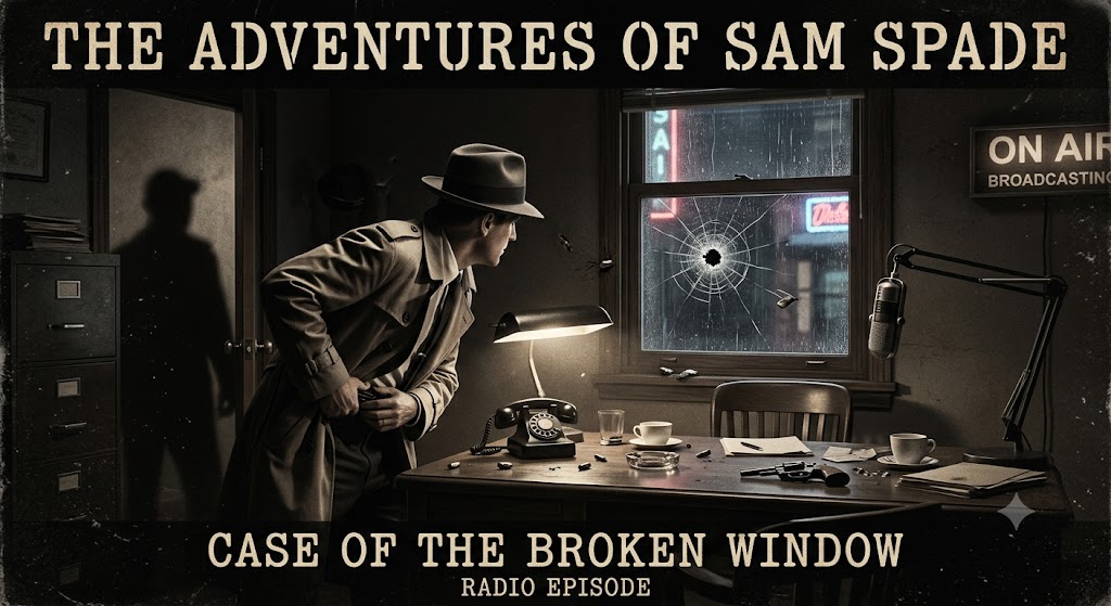 A vintage-style promotional poster for "The Adventures of Sam Spade," featuring a radio episode titled "Case of the Broken Window." A man in a trench coat and fedora, presumably Sam Spade, leans forward on a cluttered desk in a dim office. A broken window with a bullet hole is visible, casting shadow on the wall. The setting includes an old telephone, papers, a microphone, and an "ON AIR" sign, evoking a classic detective-radio drama ambiance.