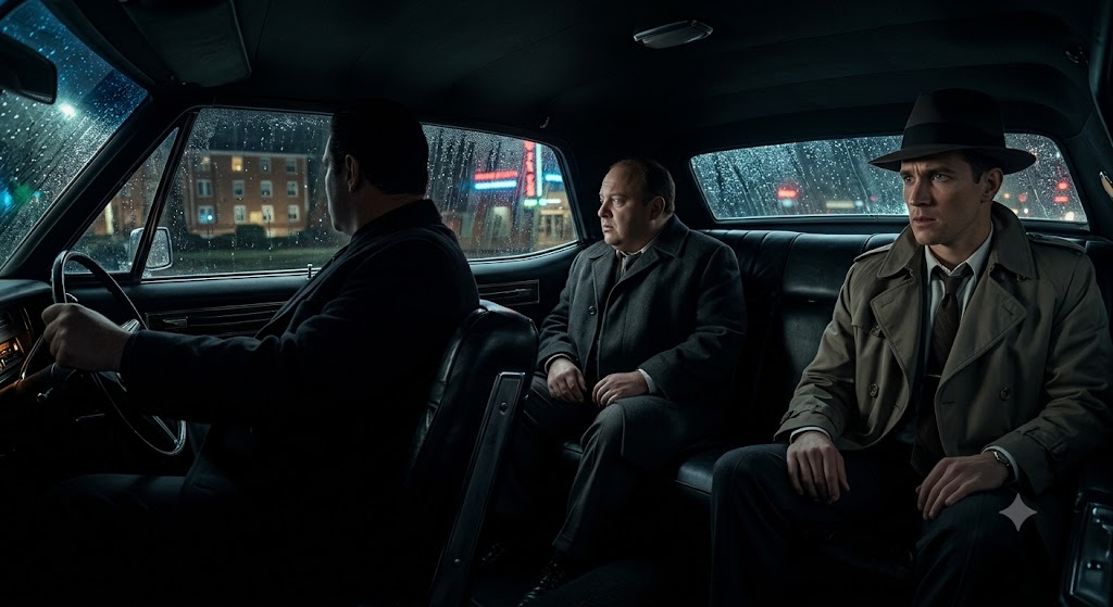 The image shows three men sitting inside a car at night. The driver is seen from behind, looking to his left. The man in the middle, wearing a suit, sits with his hands clasped, appearing serious. The man on the right wears a trench coat and a fedora hat, looking straight ahead with a focused expression. Outside the car window, city lights and rainy streets are visible, suggesting a somber or tense atmosphere. The interior is dimly lit.