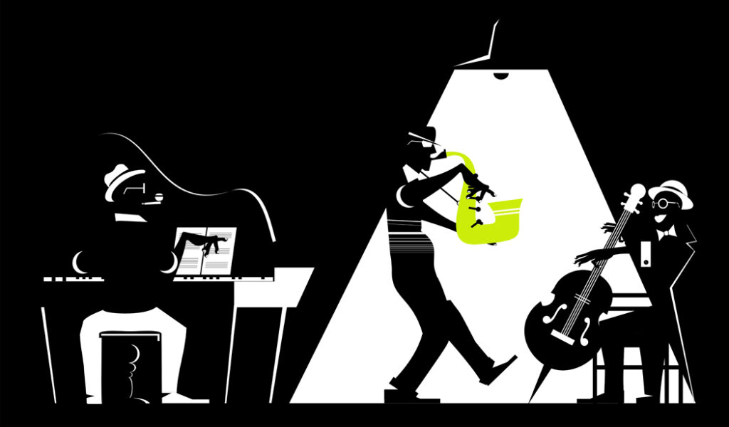 five jazz musicians silhouette playing on orange background.