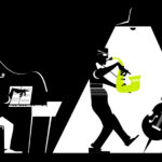 five jazz musicians silhouette playing on orange background.