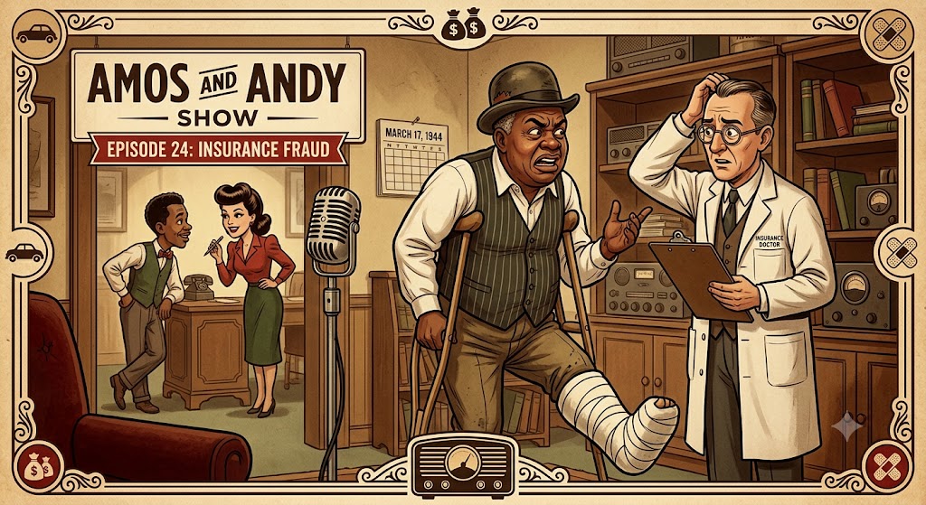 Amos and Andy. A tense scene between two men in a vintage setting, likely mid-20th century. Kingfish, the man on the left wears a hat, vest, and has a cast on his leg; he is gesturing angrily at the man on the right, who wears glasses and a white lab coat, holding a clipboard and looking concerned. The background features old radio equipment, a microphone, and a sign that reads "Amos and Andy Insurance Fraud." A woman stands in the background observing.